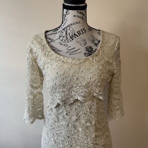 R&M Richards Champagne Lace Sequin Tiered Sheath Dress - Size 8 - Made in USA